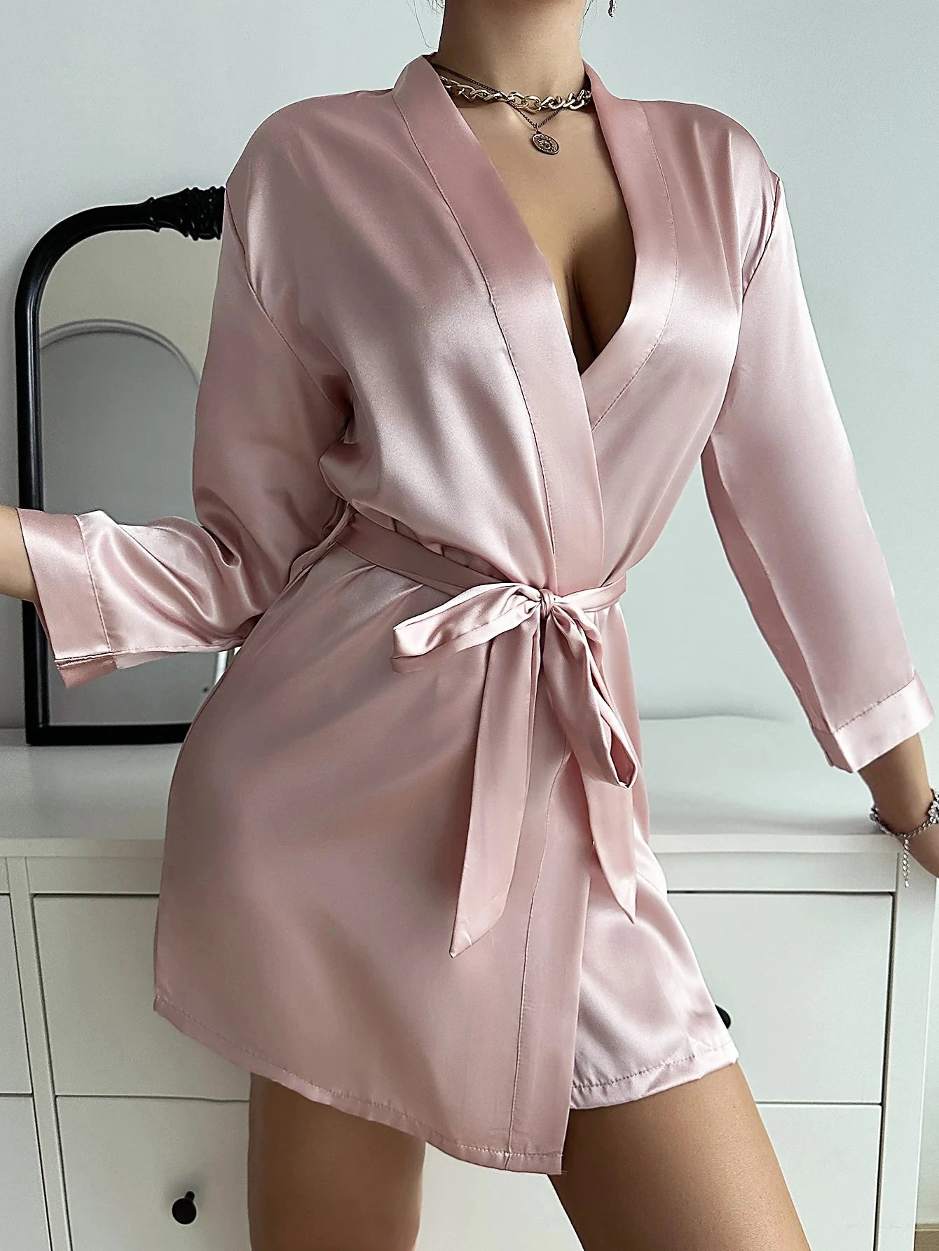 Solid Satin Night Robe Long Sleeve V Neck Robe With Belt Women's Sleepwear