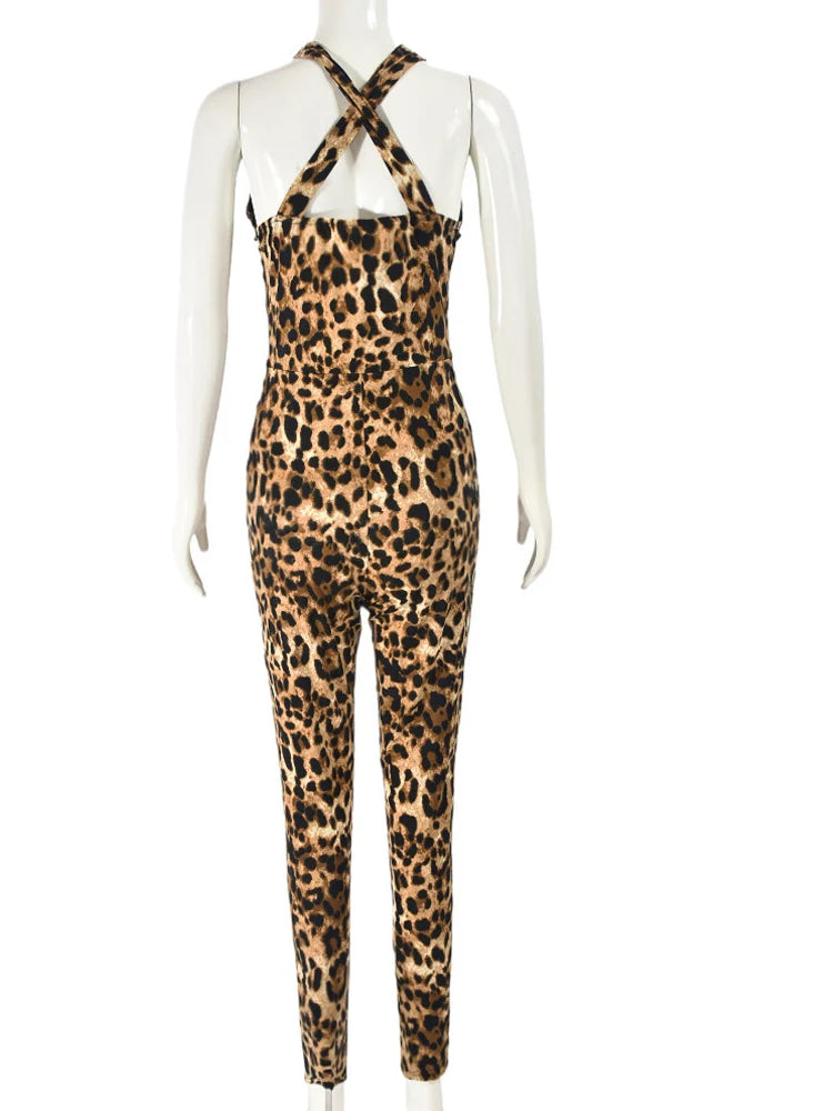 Beyprern Wild Cut-Out Leopard Print Corset Jumpsuit Fitness Rompers One Piece Outfits Womens Mesh Patchwork Long Pants Overalls