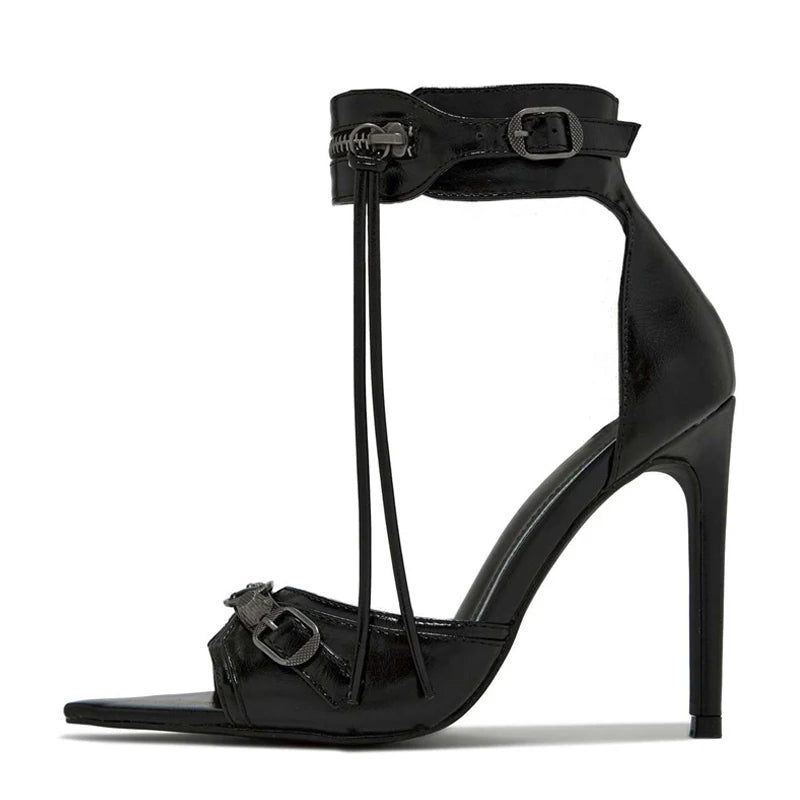 Liyke Summer Fashion Zip Tassel Women Sandals Metal Rivet Buckle Pointed Open Toe Stripper Heels Wedding Banquet Shoes Stiletto