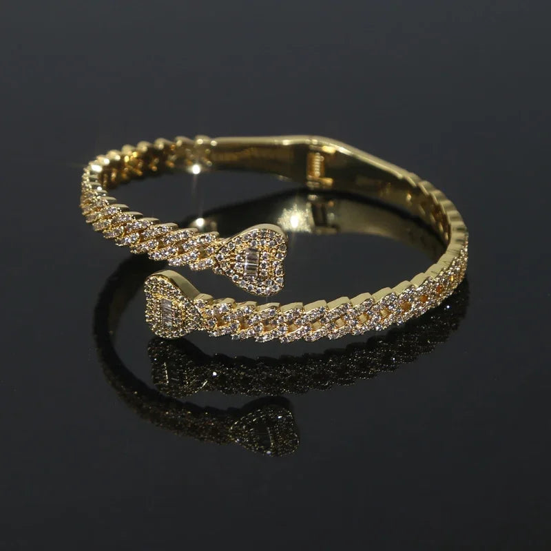 Iced Out Cuff Bangle Paved Setting Bling Cz Cubic Zirconia Wrist Cuban Chain Link Bracelets Fashion Hip Hop Jewelry for Women