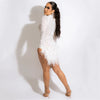 Sexy Pearls Rhinestone Party Dresses Women Elegance Nightclub Feather Birthday Dress Long Sleeve Mesh Sheer Bodycon Mini Dress