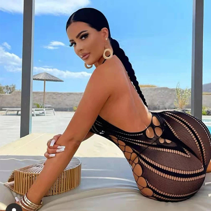 Sexy Fishnet Halter Backless Dress Low Cut Tight Pencil Cute Dress Mini Short Dress Nightclub Dance Dress Dresses For Women 2023