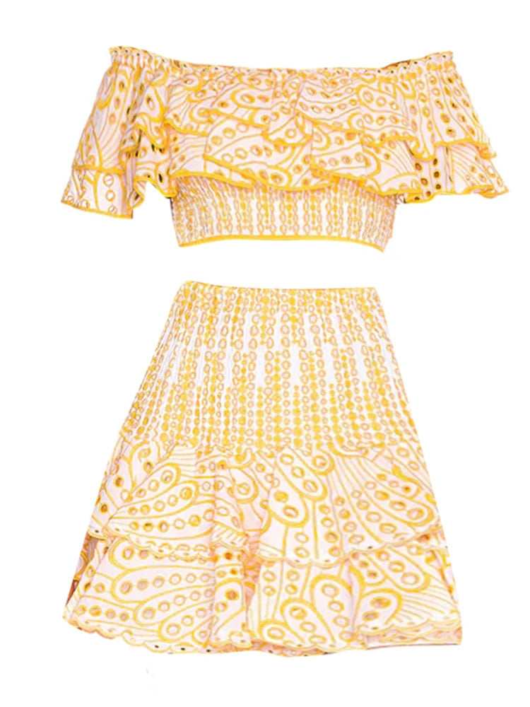 TWOTWINSTYLE Hit Color Print Casual Two Piece Sets For Women Slash Neck Short Sleeve Top High Waist Skirt Summer Set Female New
