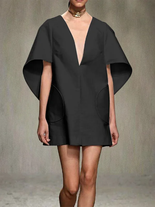 Yeezzi Fashion Black White Color Short Dress For Women 2025 New Spring Deep V-neck Half Sleeves Loose Prom Party Mini Dresses