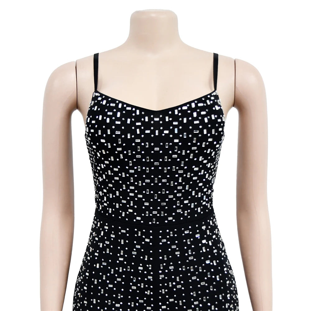 HBLL Women Club Outfits Spaghetti Strap Bodycon Jumpsuits Sparkly Rhinestone Romper Birthday Night Out One Piece Clubwear