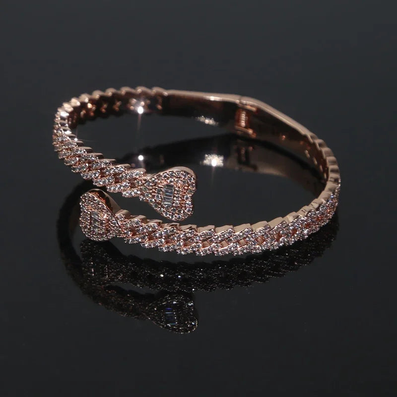 Iced Out Cuff Bangle Paved Setting Bling Cz Cubic Zirconia Wrist Cuban Chain Link Bracelets Fashion Hip Hop Jewelry for Women