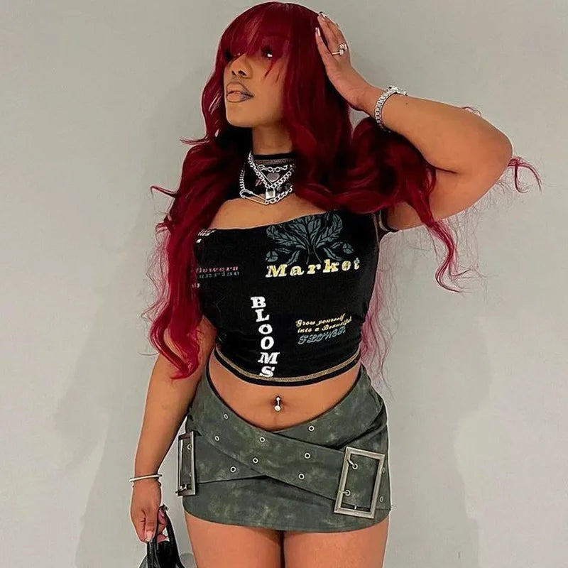 Hollow Out Crop Top Women O-Neck Aesthetic Clothes Letter Printed Y2k Accessories Short Sleeve Roupas Femininas Estilosas Summer