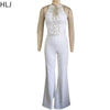 HLJ Elegant Beaded Patchwork Bodycon Jumpsuits Woman Sleeveless Backless Flare Pants One Piece Romper Female Streetwear Overalls