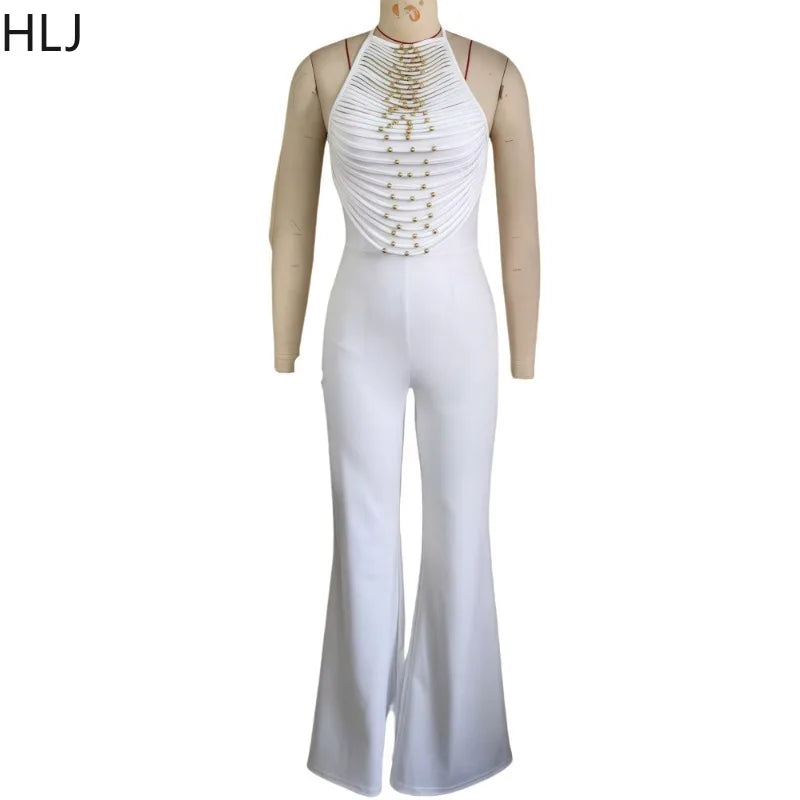 HLJ Elegant Beaded Patchwork Bodycon Jumpsuits Woman Sleeveless Backless Flare Pants One Piece Romper Female Streetwear Overalls