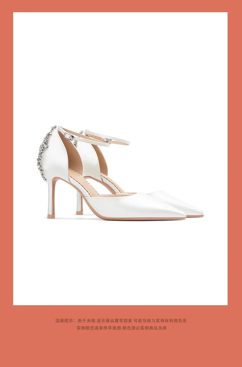 Baotou Hollow High Heel Women's Sandals Pointed Tip Thin Heel One-word Button Rhinestone Wedding Shoes Bridal Shoes