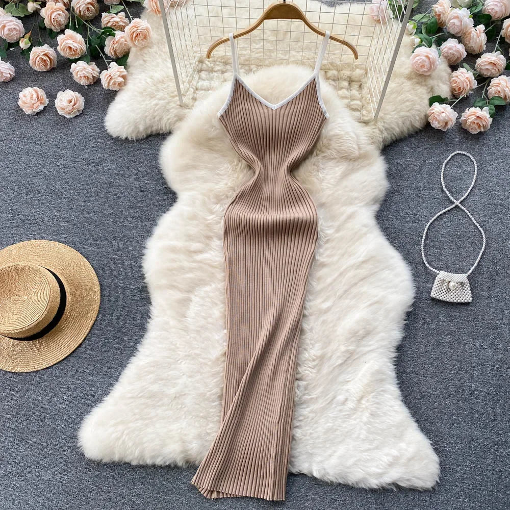 Summer V Neck Knit Sexy Strap Dress Women Elatic Waist Bodycon Sundress Female Beach Backless Maxi Long Dress