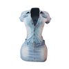 2025 New Denim Short Sleeve Dress Women Modest Sexy Summer Stylish Slim Stretch Acid Wash Vintage Belt Jean Bodycon Dresses