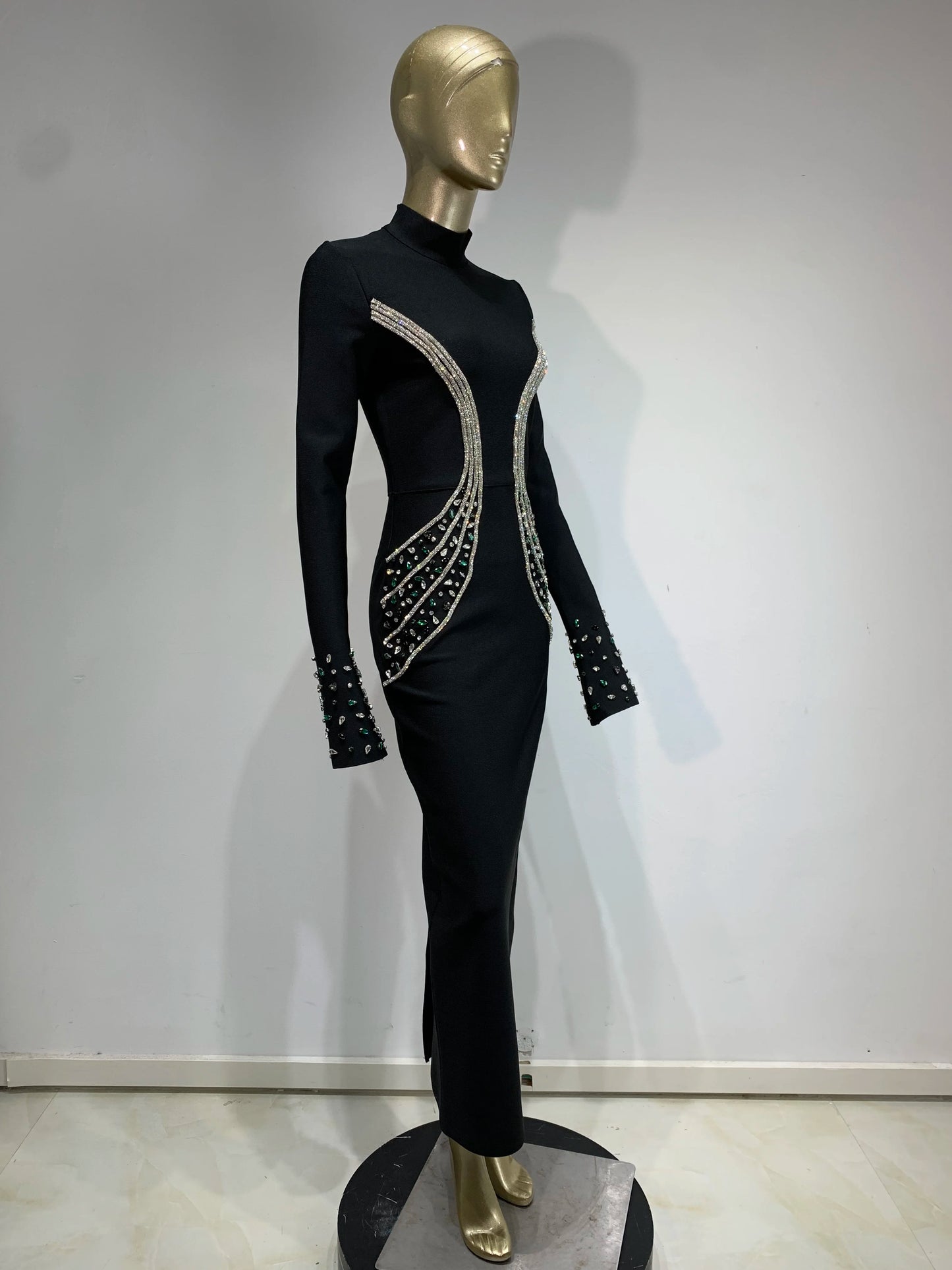Women Celebrity Sexy Beading Crystal Diamonds Black White Maxi Long Bodycon Bandage Dress 2024 Elegant Evening Club Party Dress