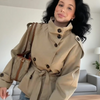 Fashion Belt Short Trench Coat Women Stand Collar Double Breasted Pocket Long Sleeve Coats 2025 Autumn Lady Commute Chic Outwear