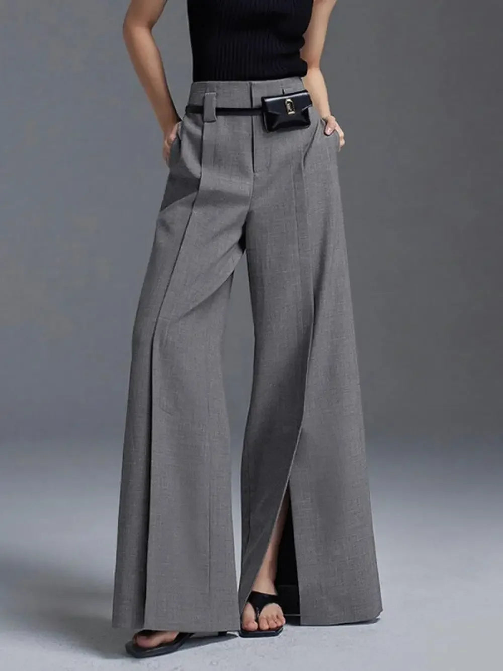 Yeezzi Urban Female Suit Pants 2025 New Fashion Black White Color Loose Straight Pant High-Waisted Pleated Split-Front Trousers