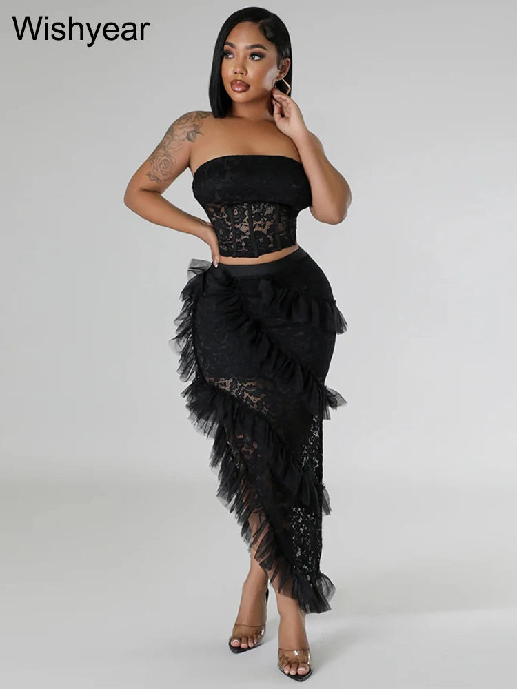 Sexy Two 2 Piece Sets Night Club Outfits for Women White Lace See Through Sleeveless Strapless Top and Ruffles Long Skirts Suit