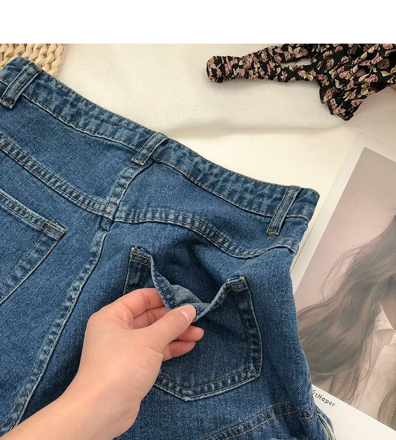 ITOOLIN Women Vintage Tassels Denim Shorts Button Loose High Waist A-line Jean Shorts Casual Women Office Trousers Streetwear