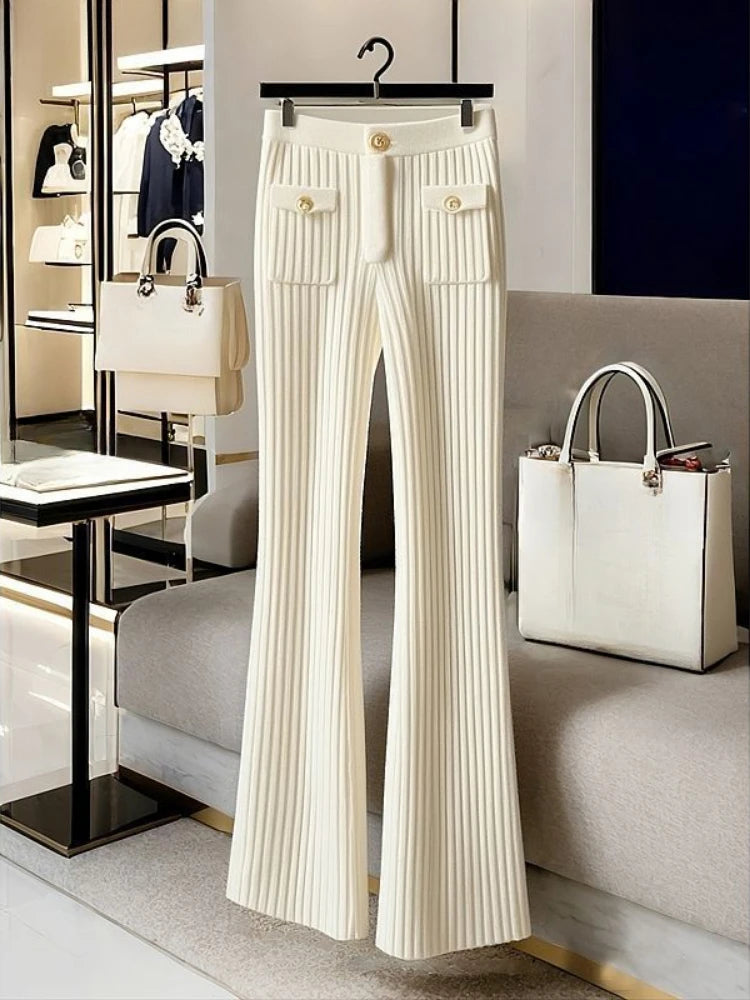 2025 New Bottoms Fashion Flare Pants for Women High Waist Slim Fit Knitted Trousers Korean Casual Pantalon Femme Y2k Clothing