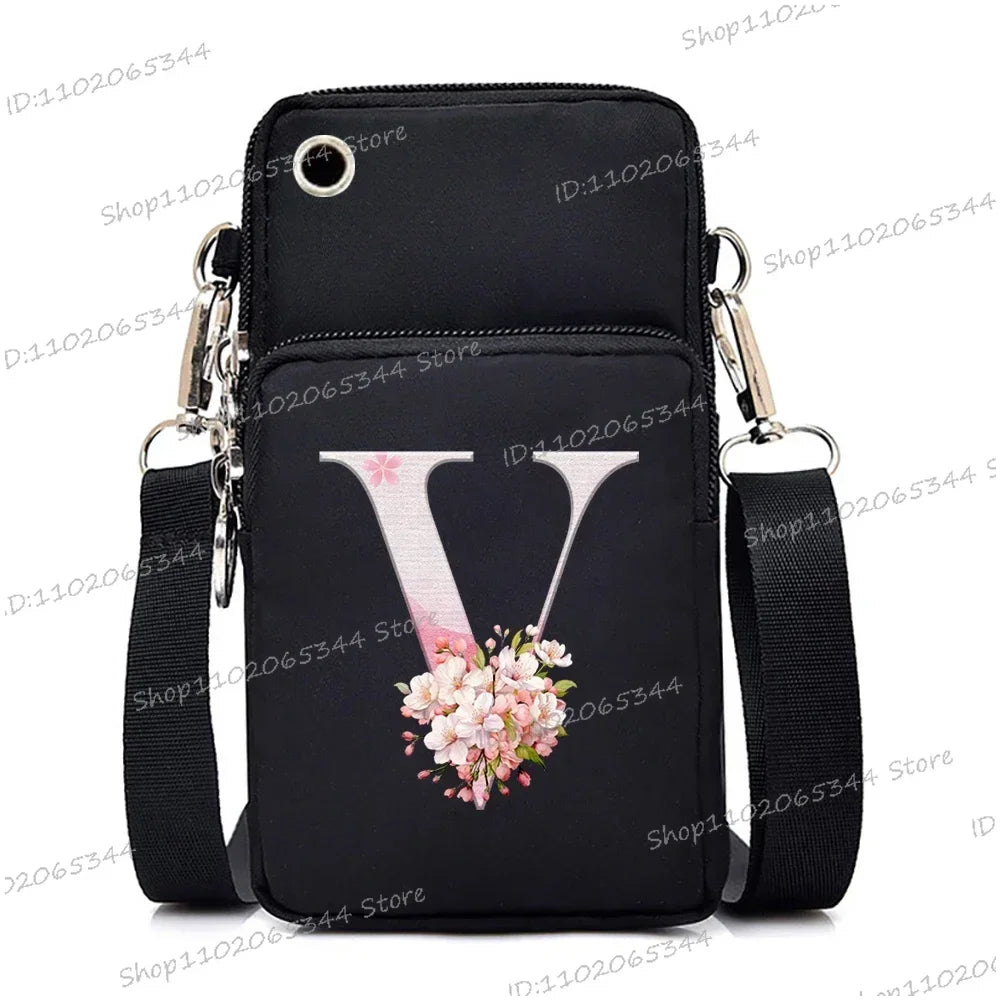 Women‘s Messenger Bag Small Handbag Crossbody Shoulder Wallet for Phone Sakura 26 Alphabet Print Coin Purse Ladies Card Holder