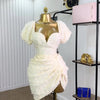 CM.YAYA Summer Women Lantern Short Sleeve Side Split Ruched Midi Mini Dress 2025 Fashion Sexy Night Club Party Dresses Vestidos