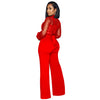 Fashion Women's Clothing Hollow Long-sleeved Loose Wide Leg Jumpsuits Overall Pants Solid Color Sexy Lace