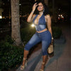 HLJ&GG Blue Fashion Denim Halter Two Piece Sets Women Sleeveless Backless Slim Crop Top And Skinny Jean Pants Outfits Streetwear