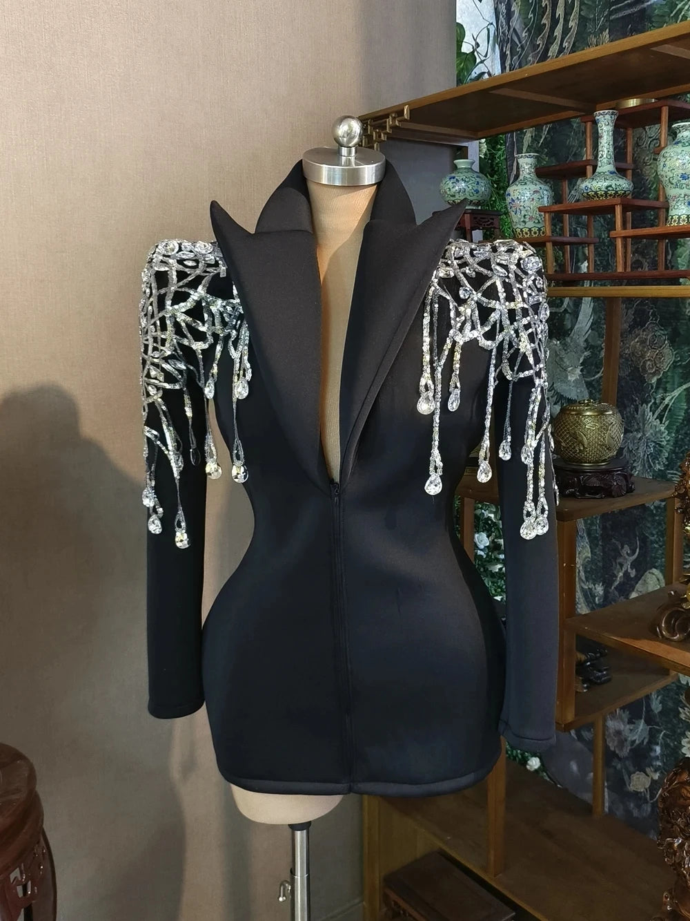 Sparkly Sequins Rhinestones Big Sleeves Black Jacket Sexy Singer Dancer Nightclub Jazz Dance Costume Performance Show Stage Wear