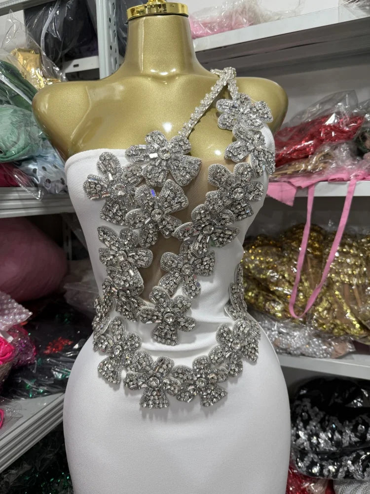 White Sexy One-Shoulder, Off-The-Shoulder, Rhinestone, Backless,One-Shoulder Tight, Hip-Hugging Bandage Dress