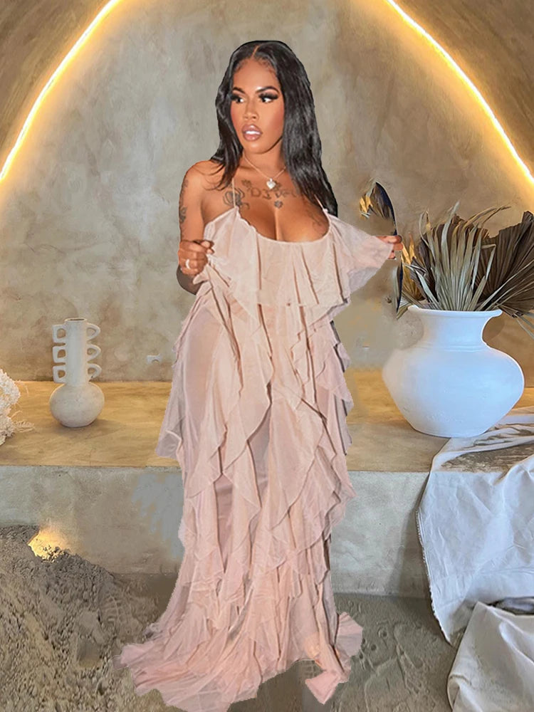 Chic and Elegant Summer Dress Women Halter Sexy Birthday Dress Transparent Mesh Backless Maxi Dress Wholesale Dropshipping