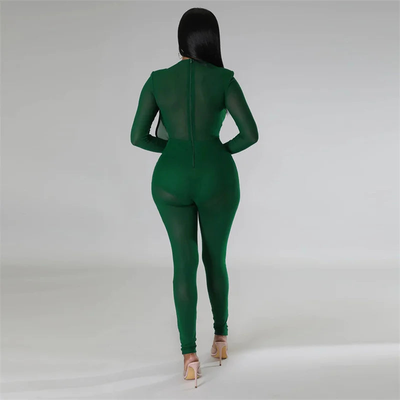 Sexy Mesh Patchwork Sheer Night Club Bodycon Jumpsuit for Women See Through One Piece Rompers Clubwear Party Birthday Outfits
