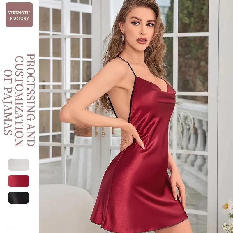 Fashion Solid Color V-neck Home Nightgown Women's Backless Cross Suspender Skirt Butterfly Decoration Simulation Silk Thin Dress
