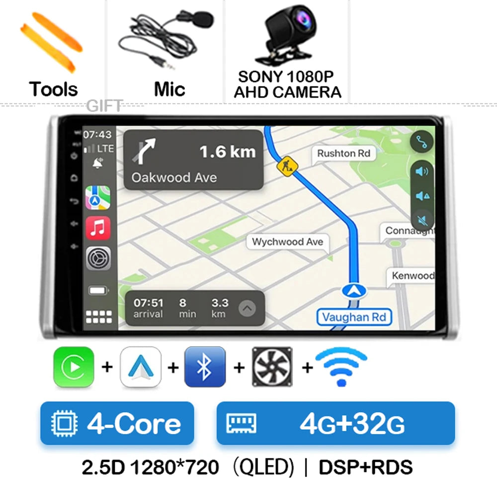 Android 14 Car Radio For Toyota RAV4 5 XA50 2018 - 2023 Multimedia Video Player Navigation GPS 2Din Carplay Auto 4G WIFI QLED BT