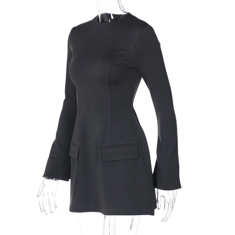 Dulzura Long Sleeves Zipper Bodycon Mini Dress With Pocket Solid Elegant Outfit Office Streetwear Women’S Autumn Winter Clothes