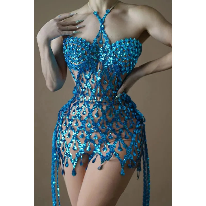 Blue Sequins Shining Diamonds Long Tassel Sleeveless Mini Dress 2 Pieces High Quality Birthday Party Outfit Performances Costume