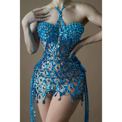 Blue Sequins Shining Diamonds Long Tassel Sleeveless Mini Dress 2 Pieces High Quality Birthday Party Outfit Performances Costume