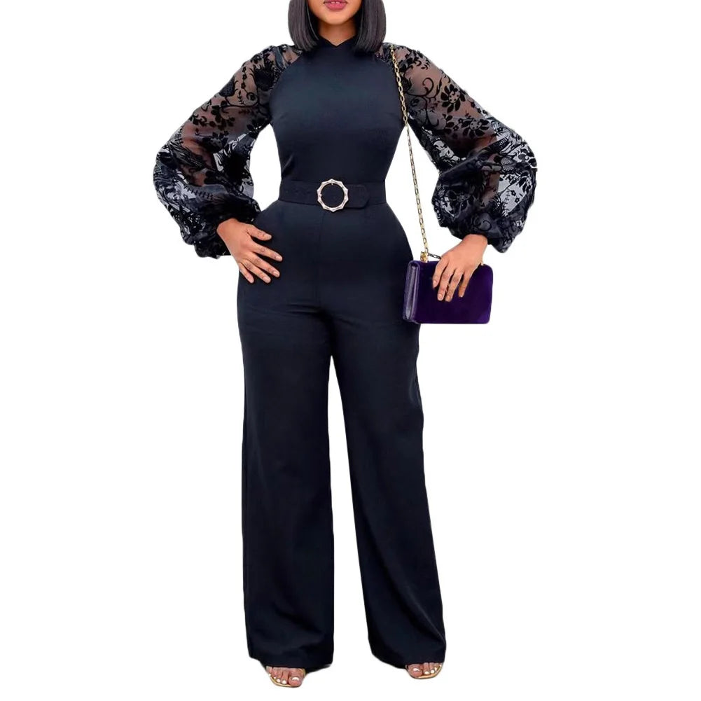 Elegant Jumpsuits & Rompers for Women O Neck Full Sleeve Belt Waisted Straight African Birthday Party Dinner Overalls Clothes OL