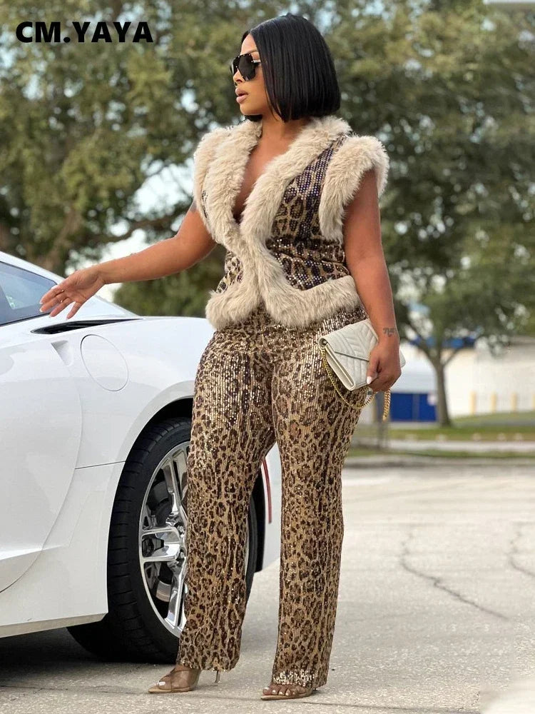 CM.YAYA Women's Set Sleeveless Fur Leopard Sequined V-neck Wool Vest and Pant Suits 2024 Street Two 2 Piece Set Outfit Tracksuit