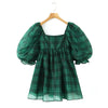 2024 Sweet Green Gingham Plaid Organza Ball Gown Dress Puff Sleeve Retro Women Swing Short Princess Robe Fairy Cake Vestidos