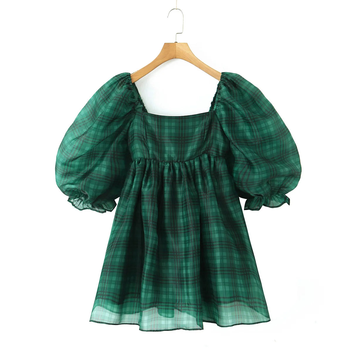 2024 Sweet Green Gingham Plaid Organza Ball Gown Dress Puff Sleeve Retro Women Swing Short Princess Robe Fairy Cake Vestidos
