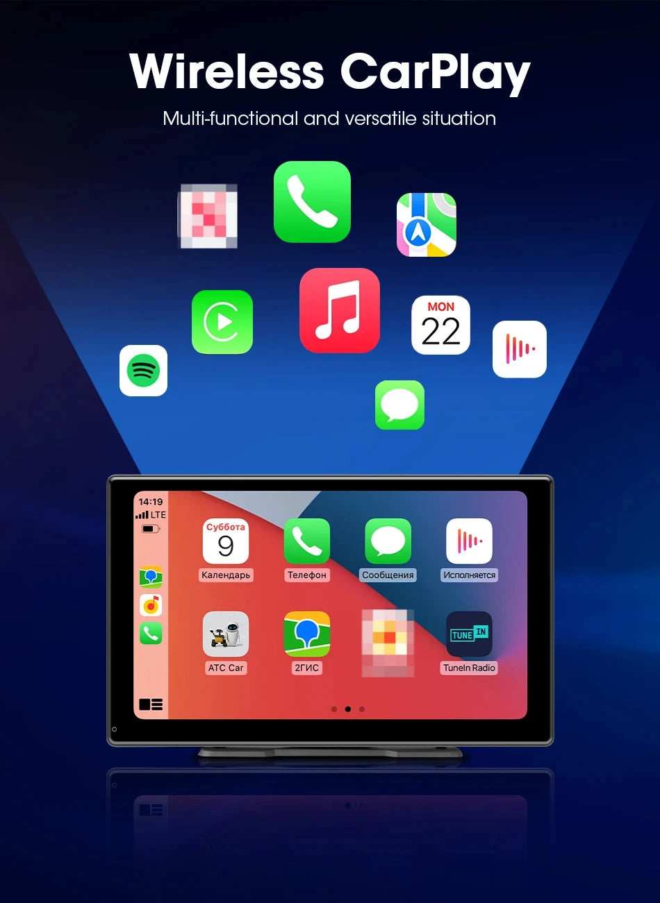 Srunbi 9 Inch Carplay MP5 Portable Smart Player Monitor Wireless Android Auto&Carplay Dual Bluetooth Music AUX USB BT 5.0 IPS