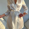 Solid Satin Night Robe Long Sleeve V Neck Robe With Belt Women's Sleepwear
