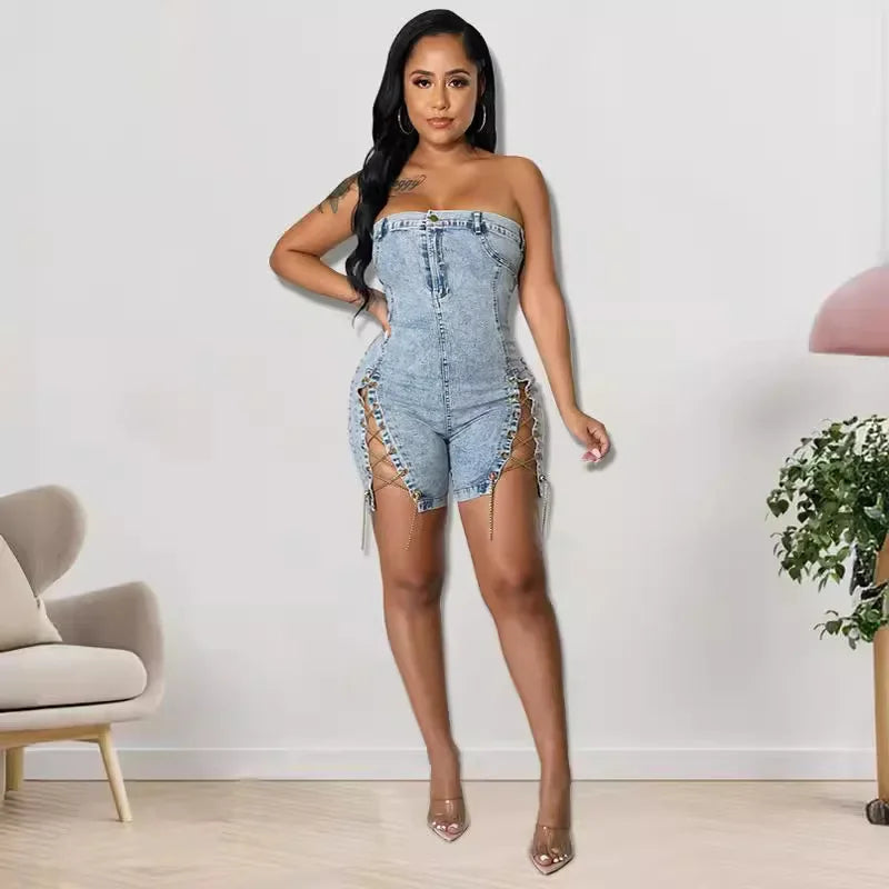 Rompers Women One Piece Elegant Splice Denim Jumpsuits Sexy Slim Fit Strapless Sleeveless Short Pants Sheath Playsuits