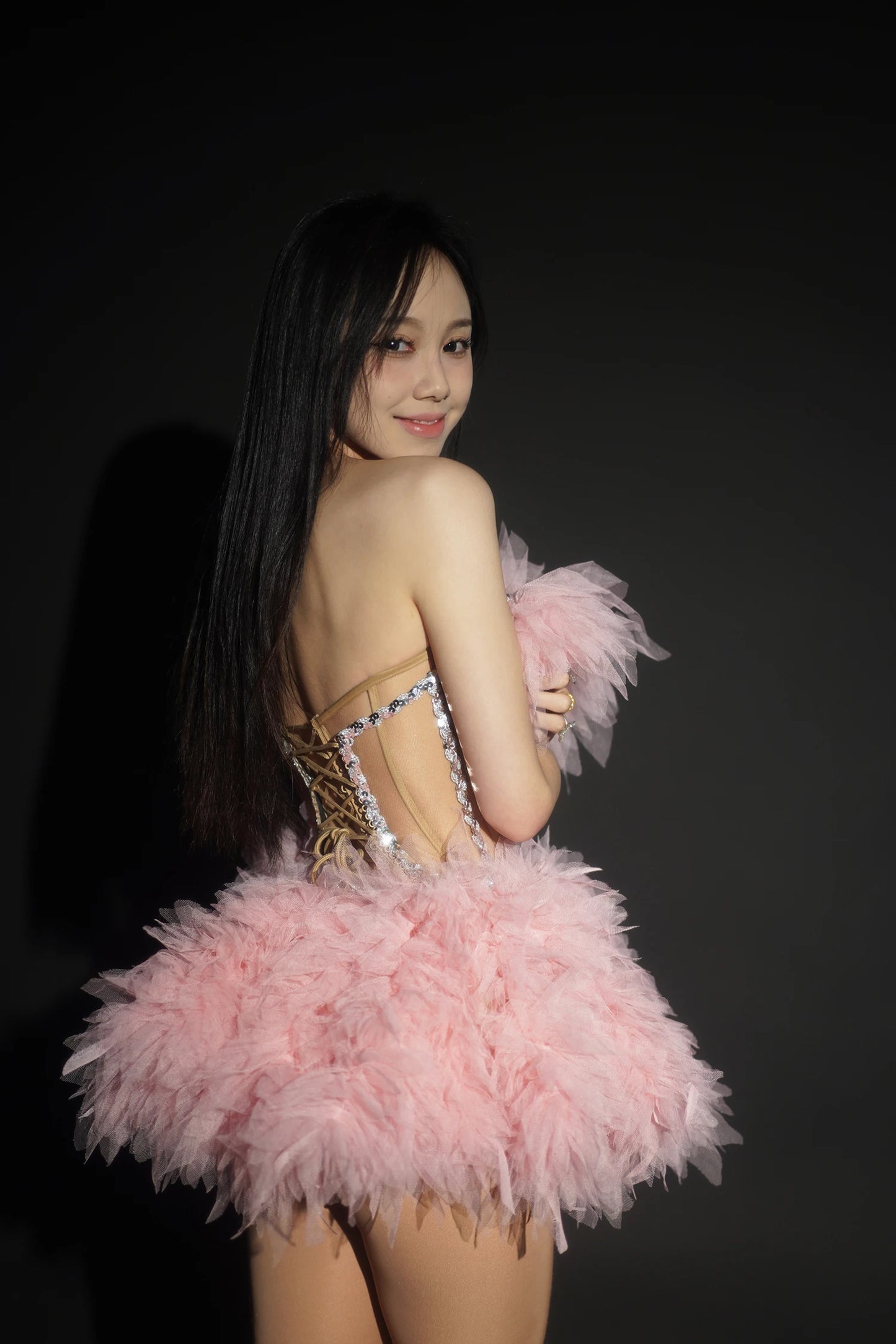 Ensemble haut et jupe sexy en dentelle, robe rose tendance, fête d'anniversaire, club dragqueen 303, performance  Y001