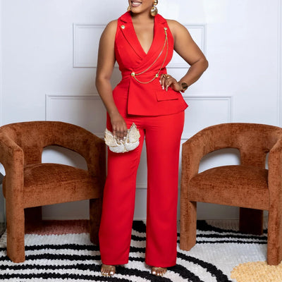 C8604 Foreign Trade Women's Fashionable Sexy Chain Collar Wide Leg African Jumpsuit Casual Style Long Dress For Ladies