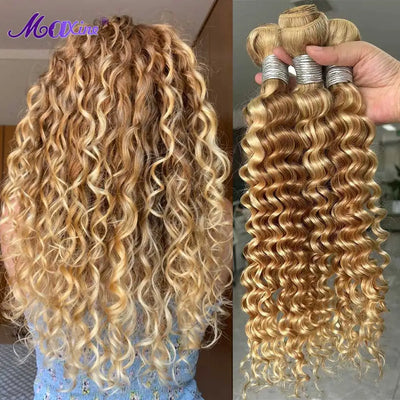 Maxine Highlight Blonde 613 Deep Wave Human Hair Bundles P27/613 Blonde Curly Weave Bundles Deep Wave Colored Bundles Human Hair