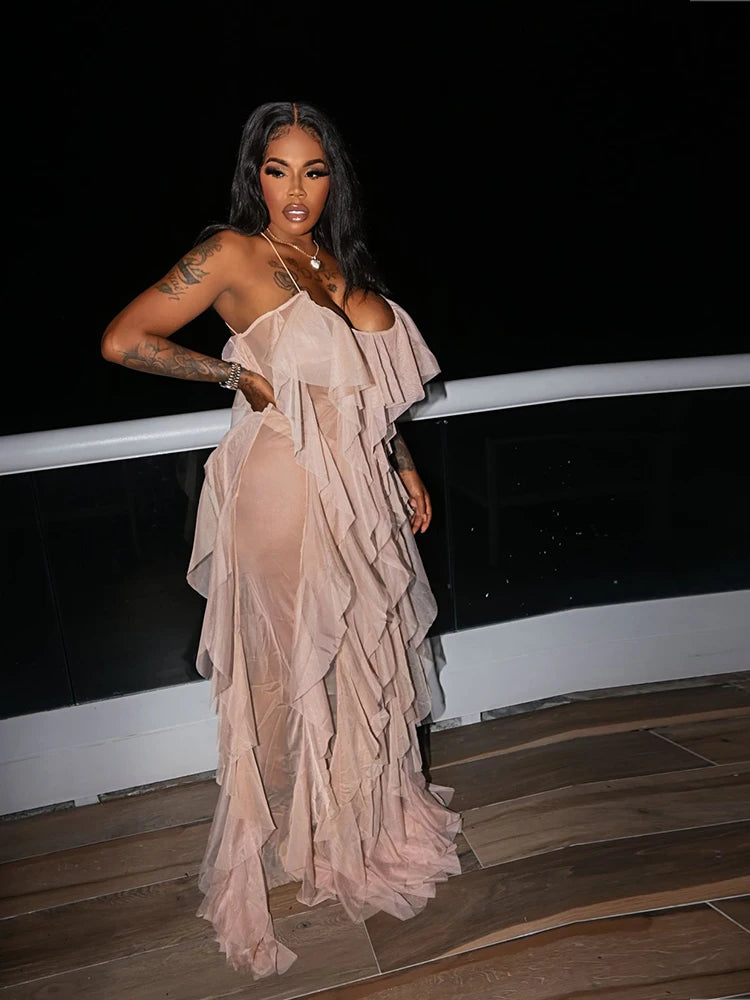 Chic and Elegant Summer Dress Women Halter Sexy Birthday Dress Transparent Mesh Backless Maxi Dress Wholesale Dropshipping