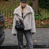 TRAF 2024 Women Fashion Cropped Faux Fur Jacket Coat Long Sleeve Front Snap-button Female Outerwear Chic Lapel Collar Thick Coat