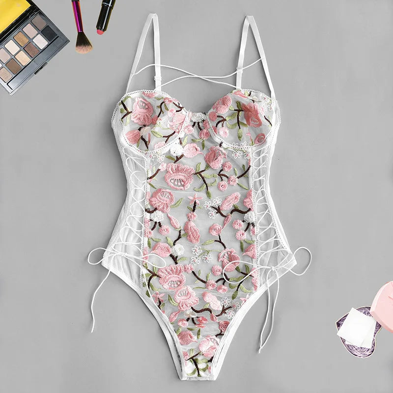 Embroidered Women's Lace One-piece Bodysuit Underwear with Spaghetti Strap Open Back Sexy Girl Bra Set Temptation Onesie
