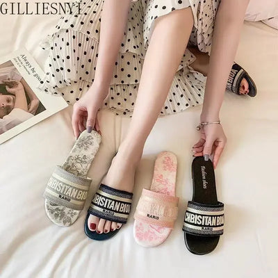 2024 Letter Slippers Fashion Flat Woman Single Shoes Casual Shoes Female Outer Wear Letter Sandals Women's Shoes Flat