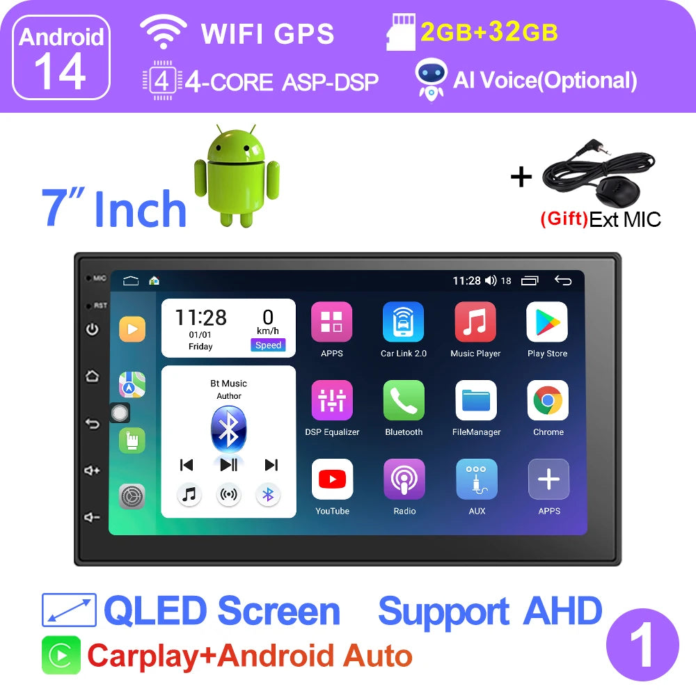 LEHX 7" 2Din MP5 Video Carplay & 4Core Android 14 Car Radio Audio Androidauto Carplay 4G GPS WIFI Automotive Multimedia Player